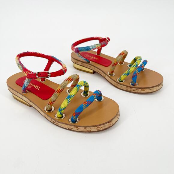 Chanel S/S 2017 Multicolor Rope Cork CC Gold Heel Ankle Strap Sandals EU 37 - Picture 1 of 12
